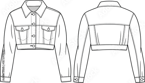 Cropped denim jacket flat sketch, front and back CAD view, long sleeve button-down coat fashion template vector illustration