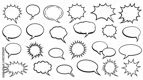 Assortment of Black and White Comic Speech Bubbles with Various Shapes