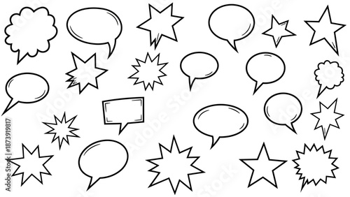 Collection of Black and White Comic Speech Bubbles and Starbursts