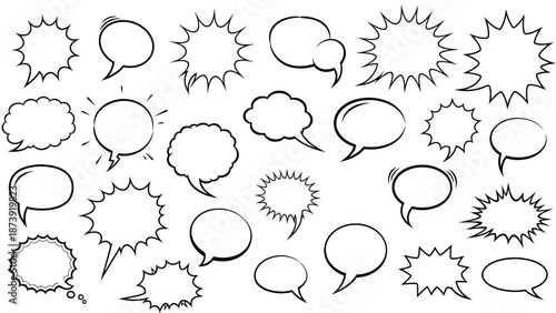 Collection of Black and White Comic Speech Bubbles with Various Shapes