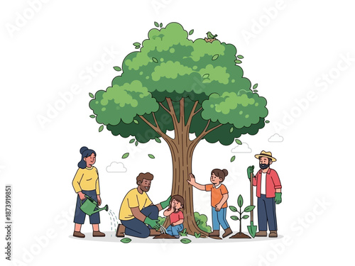 Family Planting and Caring for a Tree, Illustrating Environmental Responsibility and Community