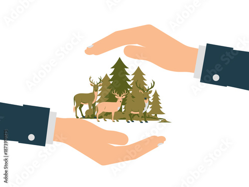 Protecting nature hands cupping trees and deer, symbolizing environment conservation