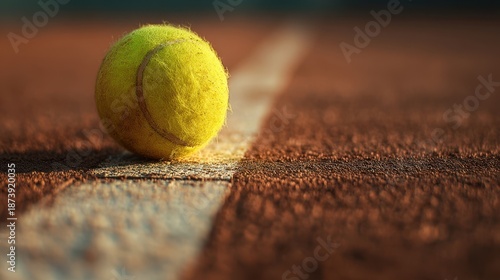 The Tennis Ball on a Clay Court White Line at Golden Hour Close Up