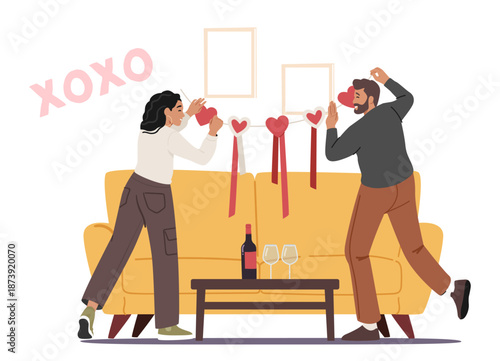 Happy couple loving characters decorating living room for Valentines Day celebration cartoon scene
