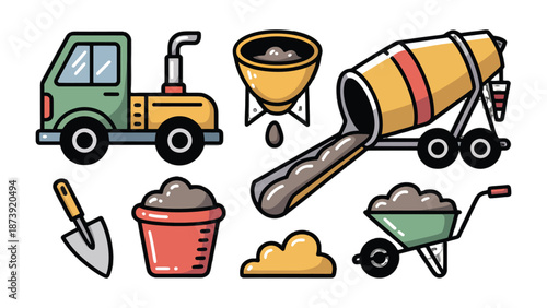 Construction Site Assets: A set of essential construction equipment, depicting the process of mixing and transporting concrete on a building site.