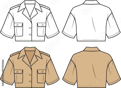 Cropped safari style button-up shirt with flap pockets, short sleeves, technical flat sketch, front and back, vector CAD fashion illustration