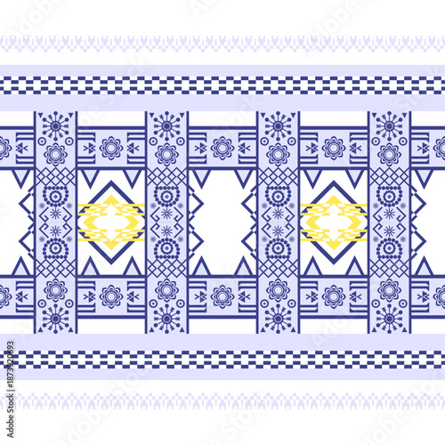 Elegant Weave. a close-up on beautiful traditional pattern, with exquisite geometric shapes and intricate details in shades of blue and yellow, reminiscent of tribal artistry.ethnic patterns.