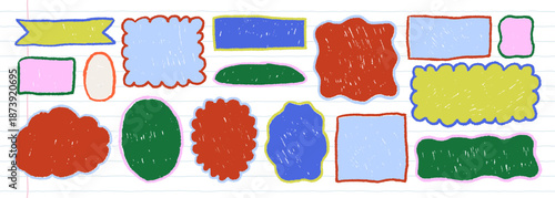 Crayon drawn text box frame set. Groovy scallop bubble shapes. Colorful funky wavy edges. Vector school rectangles, clouds, ovals for notes. Irregular empty elements with pencil texture.
