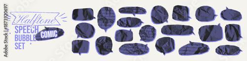 Halftone comic speech bubbles with crumpled paper texture. Bold retro irregular stickers with chalk dotted. Collage scrapbook oval, circular forms. Cutout funky empty speech shapes for emphasis text.