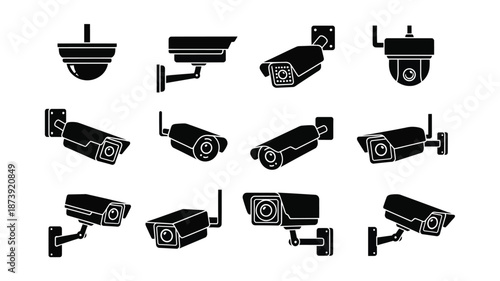 Variety of security camera designs in a simple black silhouette