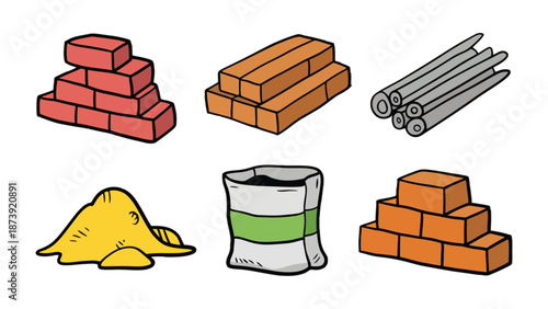 Construction Essentials: A visual guide to essential construction materials, showcasing a stack of bricks, lumber, a pile of sand, and a bag of cement, and more, all ready for the building process. 