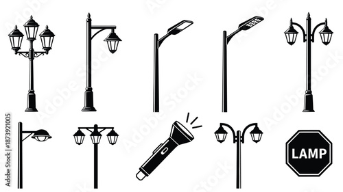 Various street lamps and lighting fixtures in a black silhouette