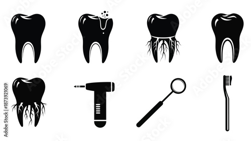 Dental health icons showing teeth tools and hygiene black silhouette
