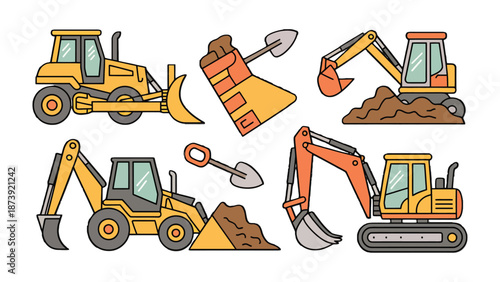 Construction Equipment Array: A colorful illustration showcasing an assortment of construction vehicles and tools, perfectly capturing the essence of the building industry.