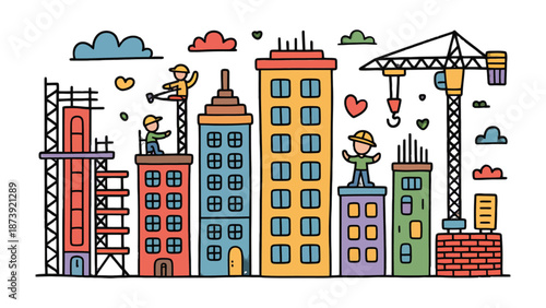 Building Dreams: A colorful illustration showcasing a bustling construction site, with vibrant buildings under construction. A symbol of progress and growth. 