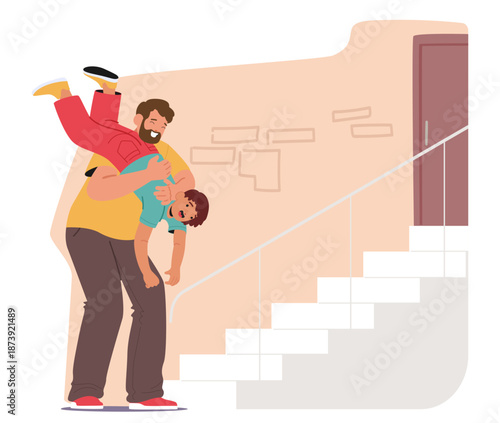 Overjoyed father and teenage son fooling around together spending happy time cartoon scene