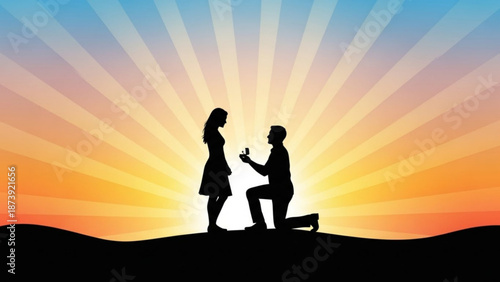 Silhouette of a man proposing to a woman with a ring at sunset symbolizing love and commitment perfect for wedding invitations or romantic concepts