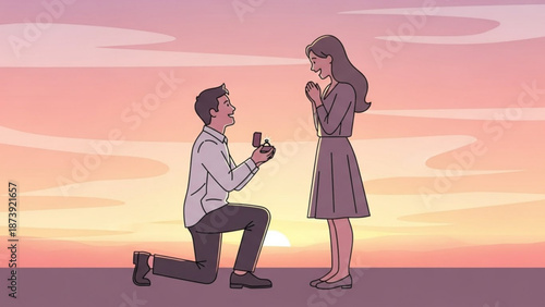 Man proposing marriage with ring box to happy woman romantic engagement scene at sunset illustration for love and relationship concepts
