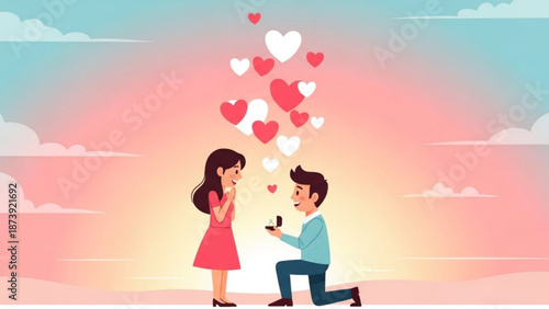 Man proposing to woman with engagement ring surrounded by floating hearts romantic proposal scene for wedding or Valentines Day flat illustration