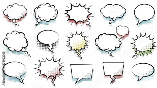 Assorted Comic Speech Bubbles with Black Outlines and Halftone Effects