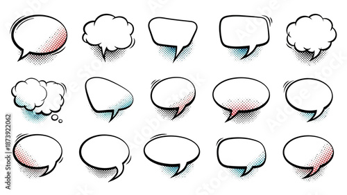 Comic Book Speech Bubbles Collection with Black Outlines and Halftone Effects