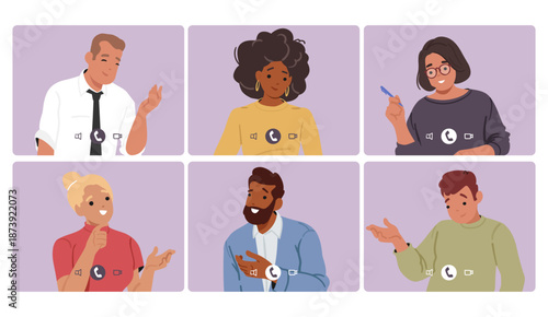 Online meeting window on digital desktop screen featuring teamwork collaboration cartoon scene