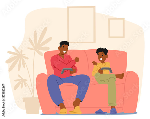 Happy father and teenage son playing video games together spending time at home cartoon scene