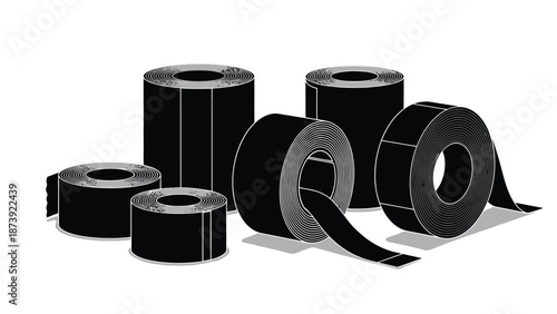 Black adhesive tape rolls and coiled strips presented in a studio setting