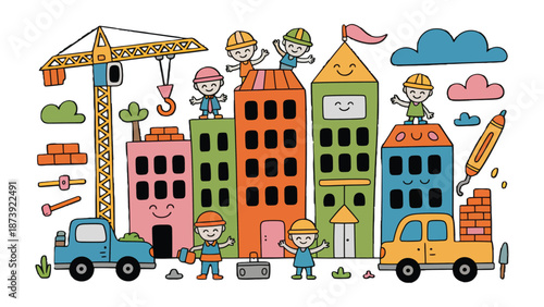 Building the Dream: A colorful and imaginative illustration portrays a lively construction scene, with cheerful builders and whimsical buildings. 