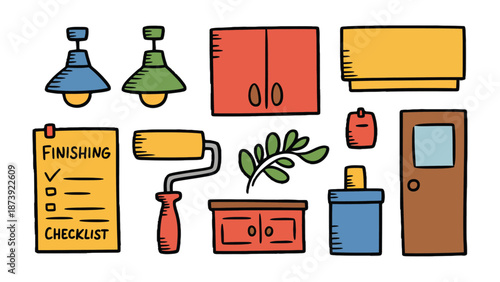 Home Improvement Elements: A vibrant collection of hand-drawn icons related to home improvement, featuring essential items like lighting fixtures, cabinets, a paint roller, and a checklist.