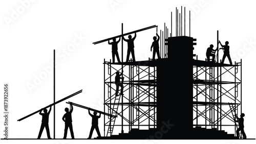 Construction workers building a concrete structure with scaffolding and rebar