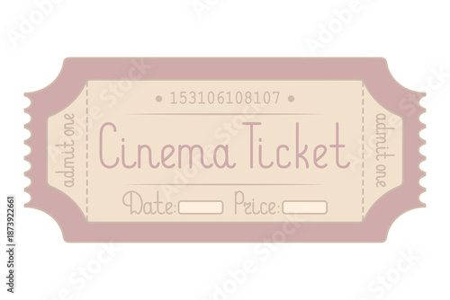 Cinema. Pink ticket admit one. Date and price are indicated. Handwritten lettering with a capital letter. Color vector illustration. Tear-off ticket with a number. Isolated on white background. 