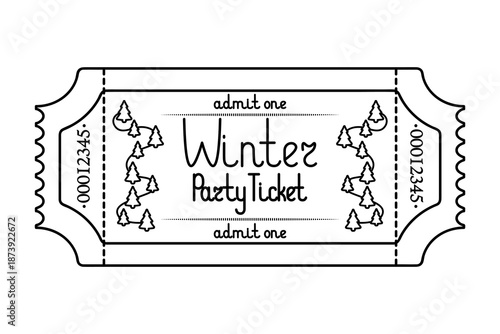 Winter party. Ticket admit one. Christmas tree garland. Sketch. Handwritten lettering with a capital letter. Vector illustration. Tear-off ticket with a number. Outline on an isolated white background