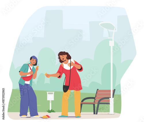 Happy mom and teenage daughter walking in park having time and conversation together cartoon scene