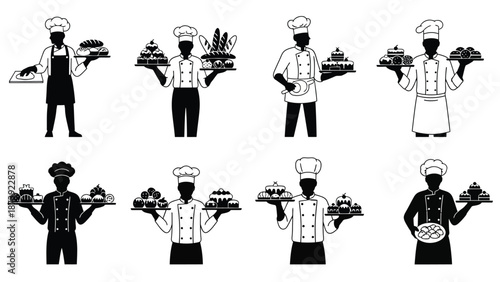 A collection of chefs presenting cakes on trays a black and white illustration