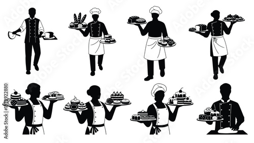 Elegant waiters and waitresses presenting trays of desserts in a black and white style