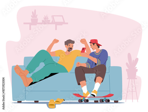 Overjoyed father and his teenage son chatting together while sitting on home sofa cartoon scene