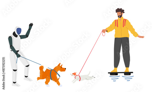 Futuristic robot and man smart city citizens walking their dogs isolated on white background