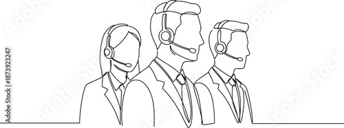 Customer service team with headsets line drawing, professional call center support agents illustration, technical assistance crew, minimal outline vector for communication, teamwork, business help