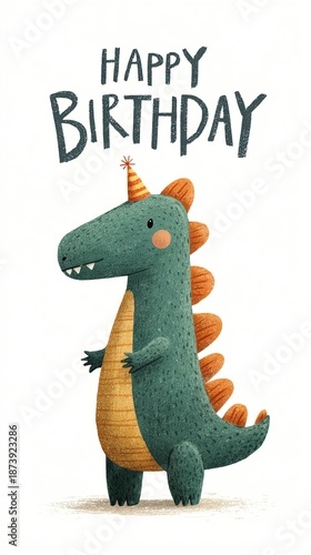 A cheerful dinosaur character celebrating with a birthday hat, perfect for children's party invitations and decorations.