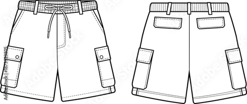 Cargo shorts technical sketch, front and back view, drawstring waistband, flap pockets, button closure, fashion flat drawing, apparel CADCargo shorts technical sketch,