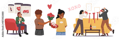 Happy teenager, preteen girlfriend and boyfriend, couple engaged in Valentines Day celebrations