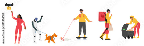 Futuristic city people, robot assistant, deliveryman various activities isolated set on white