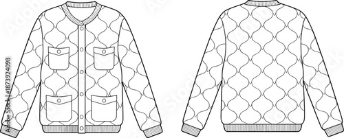Quilted jacket technical sketch, front and back view, button-up design, patch pockets, ribbed trim, fashion flat drawing, apparel CAD