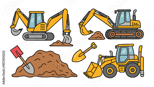 Construction Equipment Set: A collection of meticulously crafted illustrations of robust construction machinery, ready to excavate, and build.