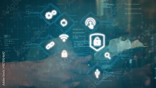 Animation of icons and data processing over mid section of bartender putting ice in cocktail shaker