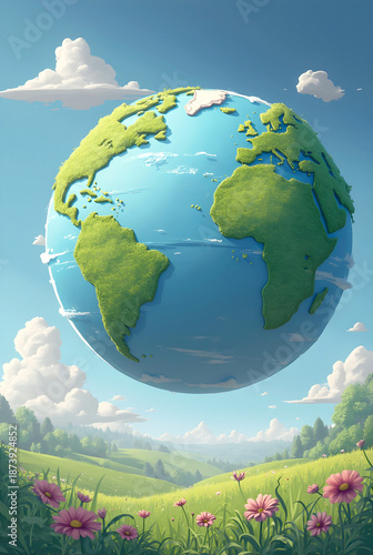 A stunning digital illustration features a lush, green-continent Earth floating serenely 