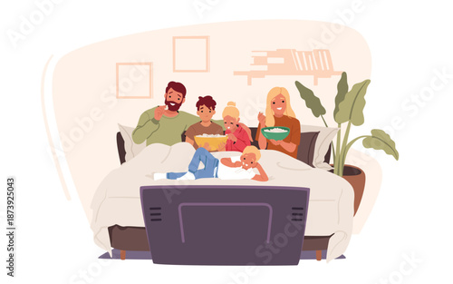 Happy family with parents and children watching movie together in home cinema cartoon scene