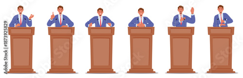 Male politician cartoon character with negative and positive emotions at tribune isolated set