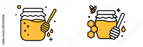 Honey jar with honey dipper and bees in vector illustration style